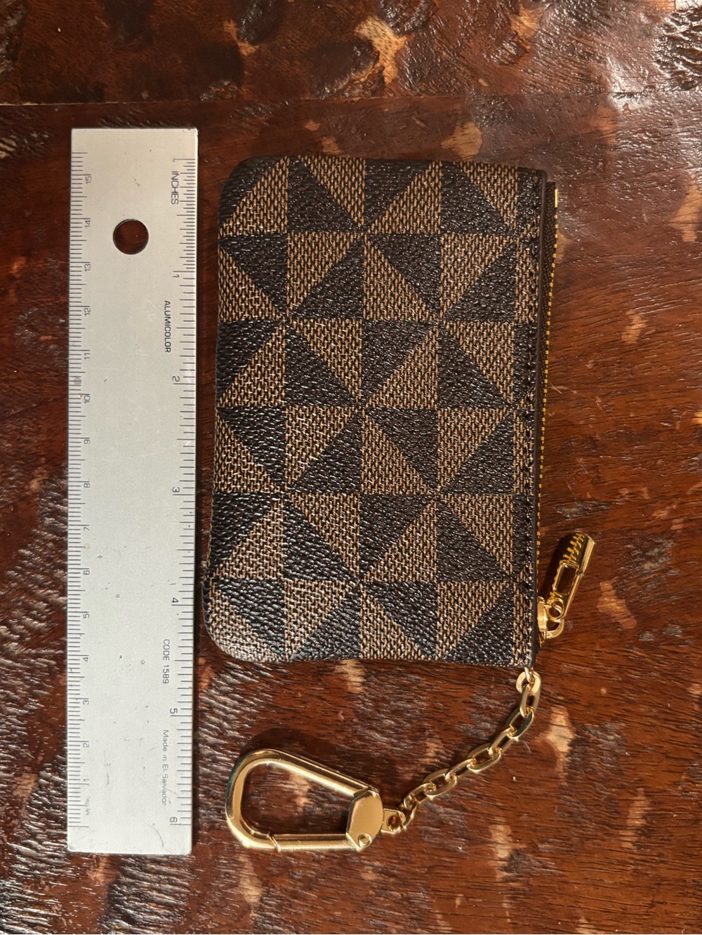 Geometric Brown Mini Zip Key Pouch with Gold Chain